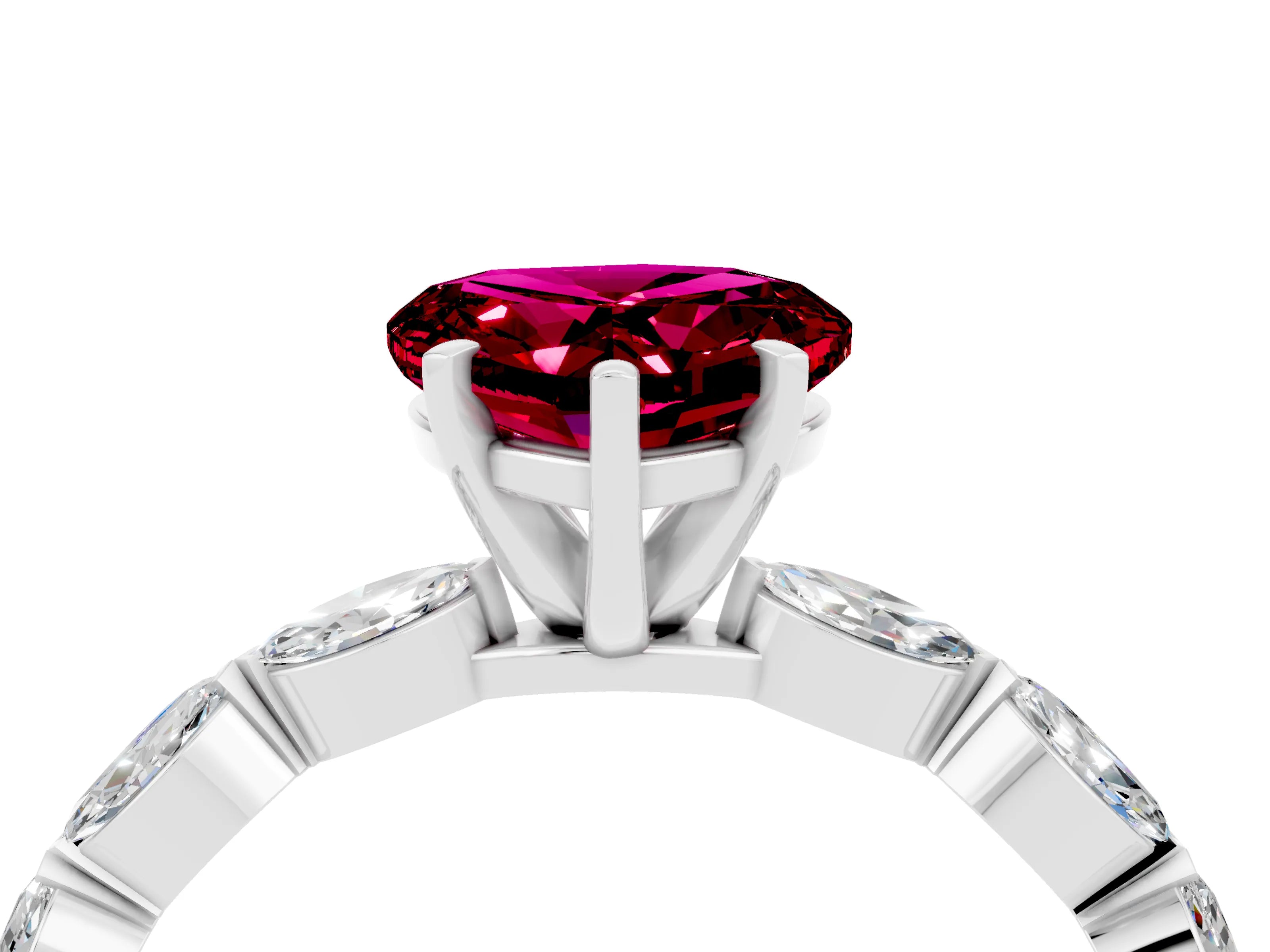 White gold Heart Cut Garnet Ring with Marquise Side Stones and Prong Setting_4