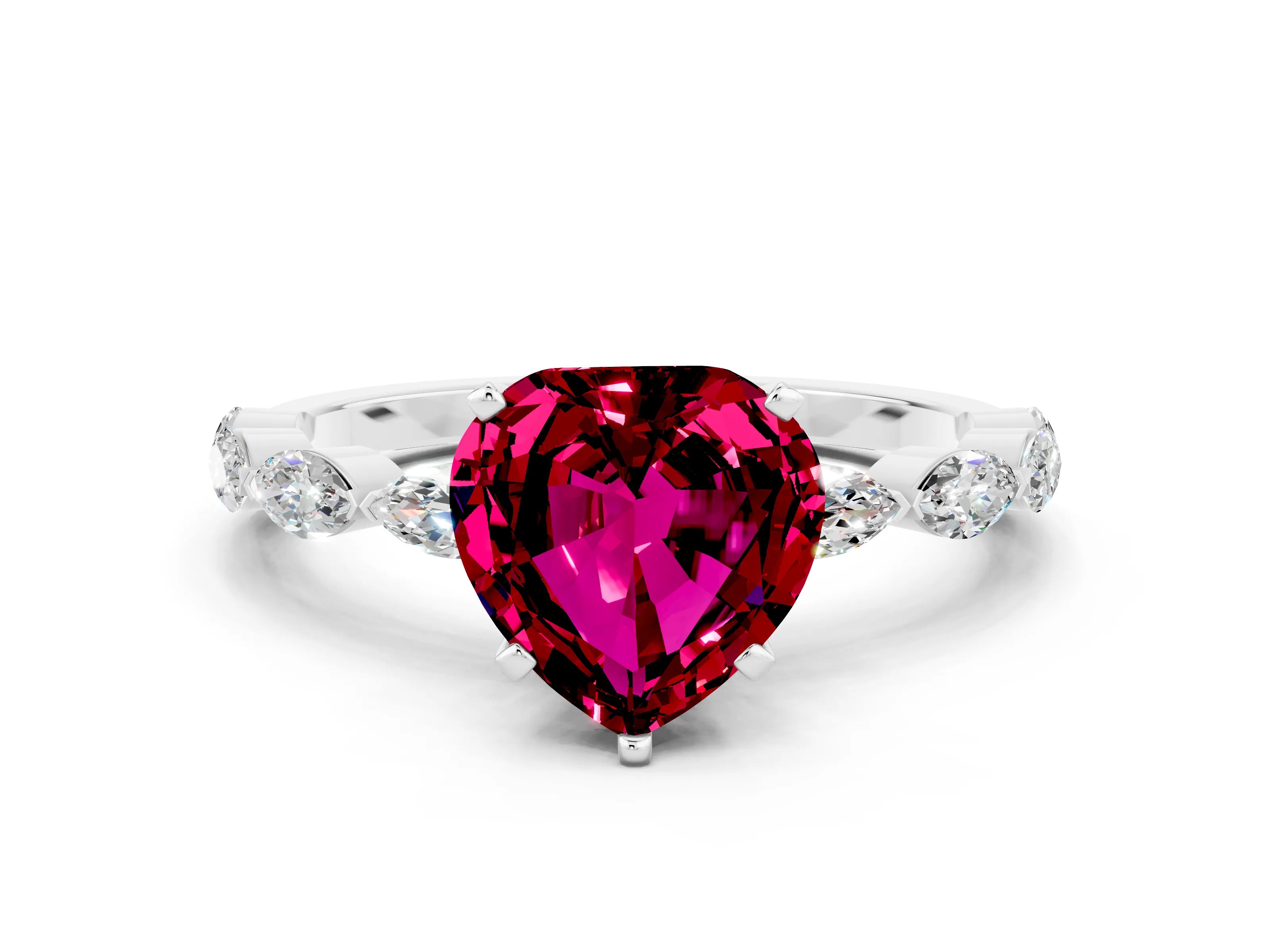 White gold Heart Cut Garnet Ring with Marquise Side Stones and Prong Setting
