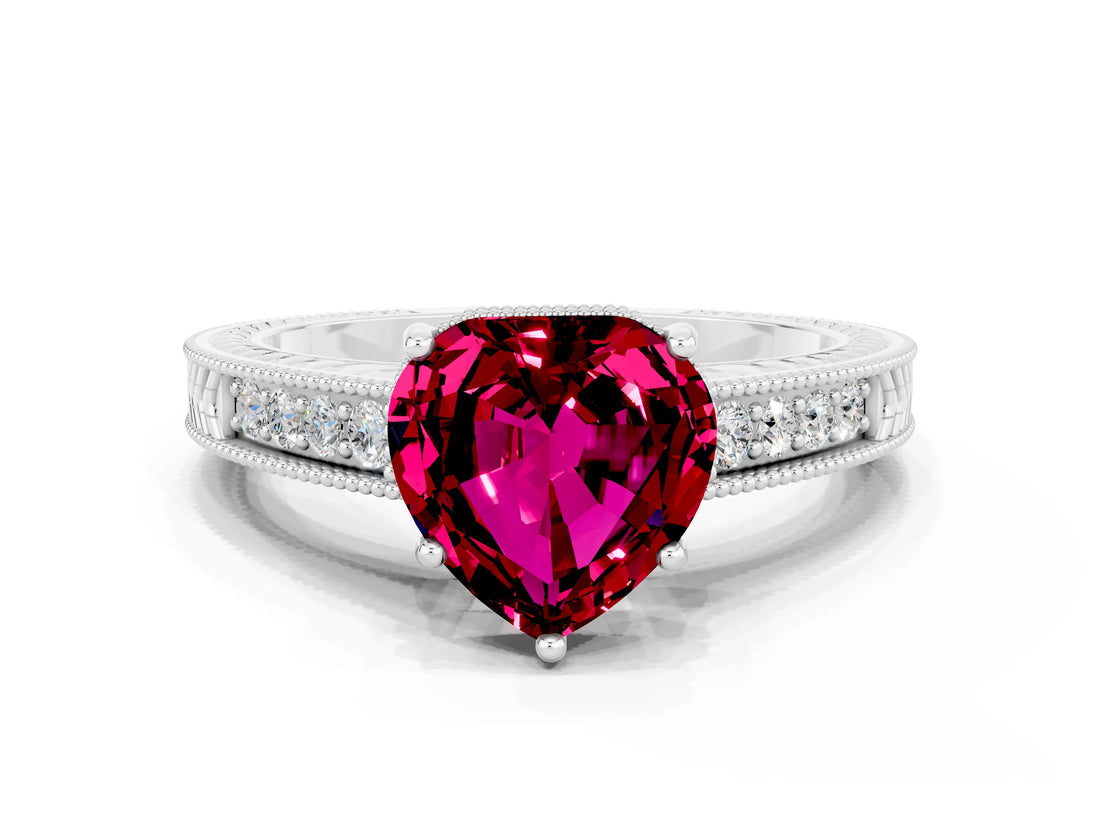 White gold Heart Cut Garnet Ring with Milgrain Pavé Band and Four-Prong Setting_12