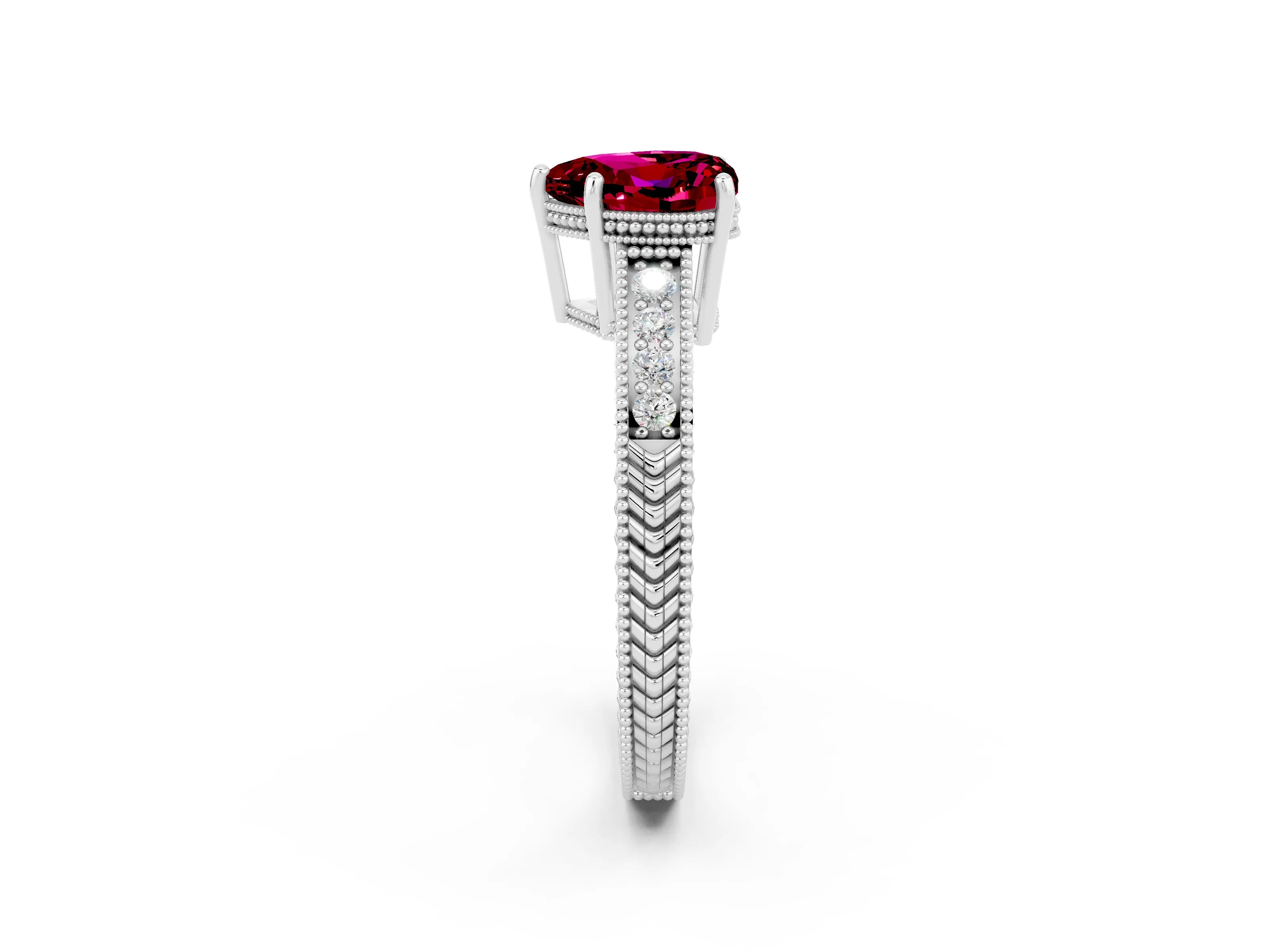 White gold Heart Cut Garnet Ring with Milgrain Pavé Band and Four-Prong Setting_14