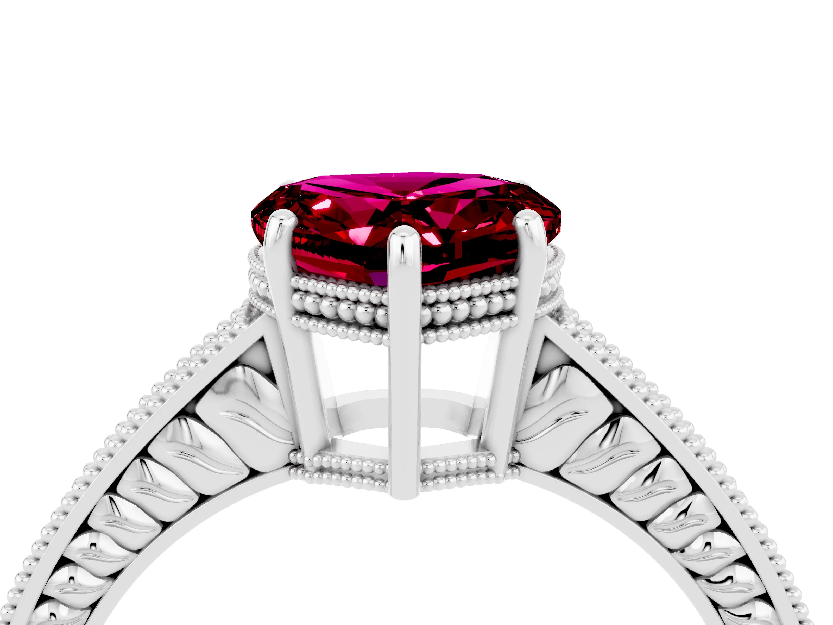 White gold Heart Cut Garnet Ring with Milgrain Pavé Band and Four-Prong Setting_16