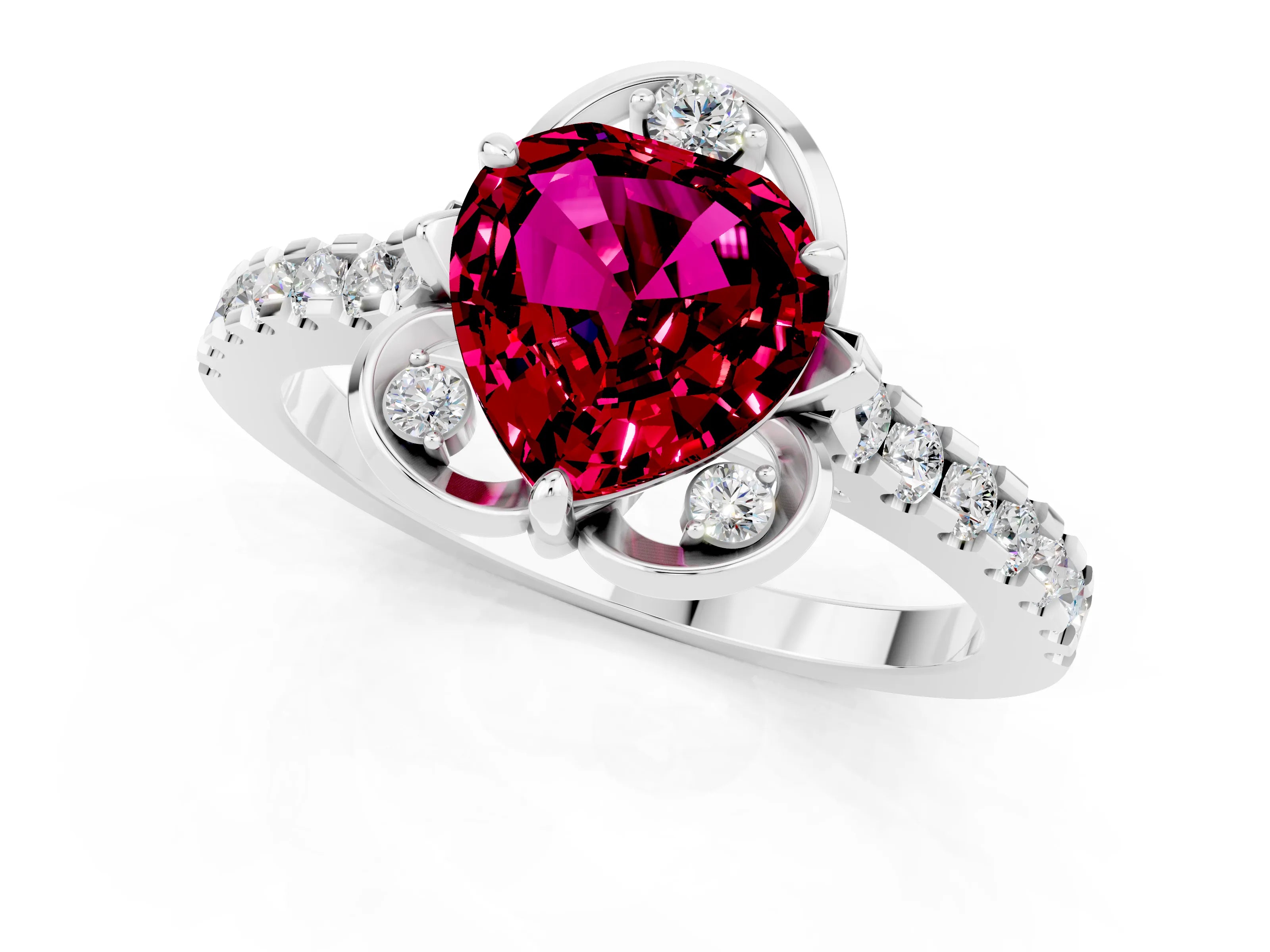 White gold Heart Cut Garnet Ring with Pavé Band and Floral Prong Setting_1