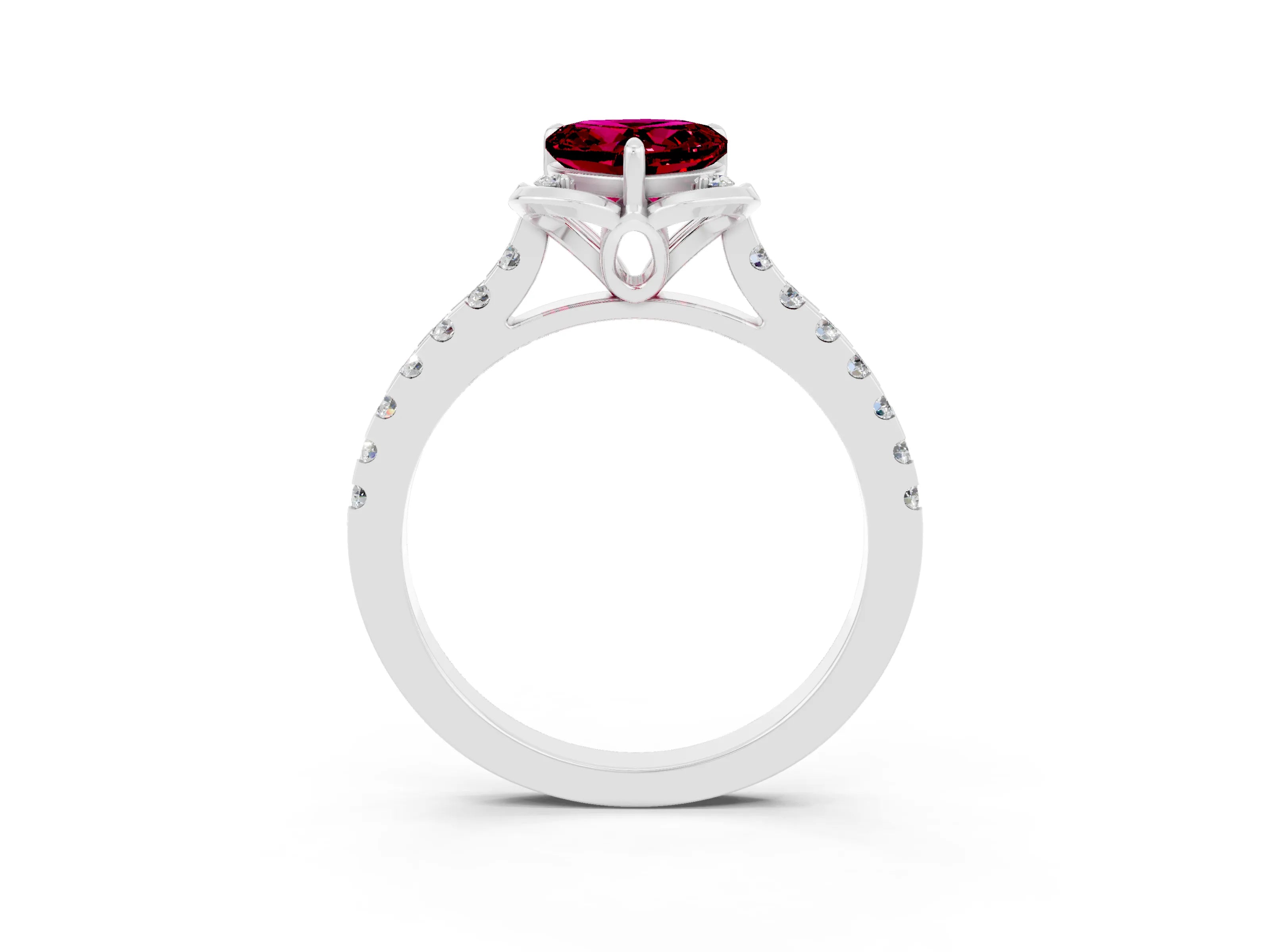 White gold Heart Cut Garnet Ring with Pavé Band and Floral Prong Setting_3