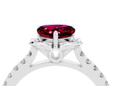 White gold Heart Cut Garnet Ring with Pavé Band and Floral Prong Setting_4