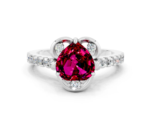 White gold Heart Cut Garnet Ring with Pavé Band and Floral Prong Setting