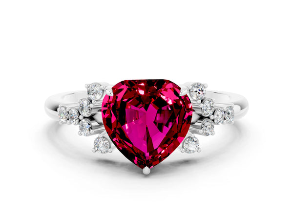 Silver Heart Cut Garnet Ring with Side Stones and Four-Prong Setting
