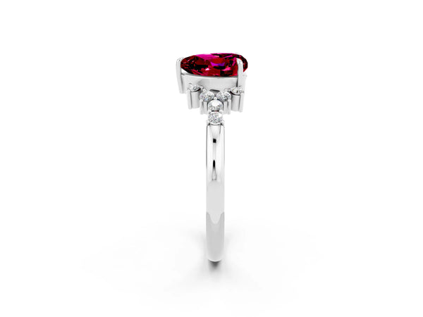 Platinum Heart Cut Garnet Ring with Side Stones and Four-Prong Setting