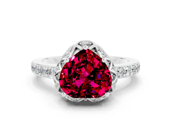 Platinum Heart Cut Garnet Scalloped Halo Engagement Ring with Round Shared Prong Band