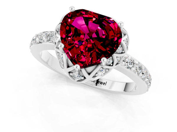 Platinum Heart Cut Garnet Scalloped Halo Engagement Ring with Round Shared Prong Band