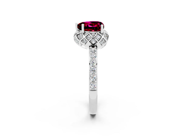Platinum Heart Cut Garnet Scalloped Halo Engagement Ring with Round Shared Prong Band