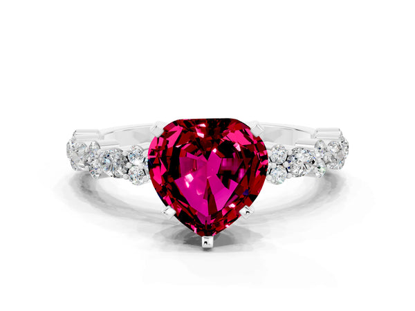 Silver Heart Cut Garnet Side Stone Solitaire Ring with Round  and Four-Prong Setting