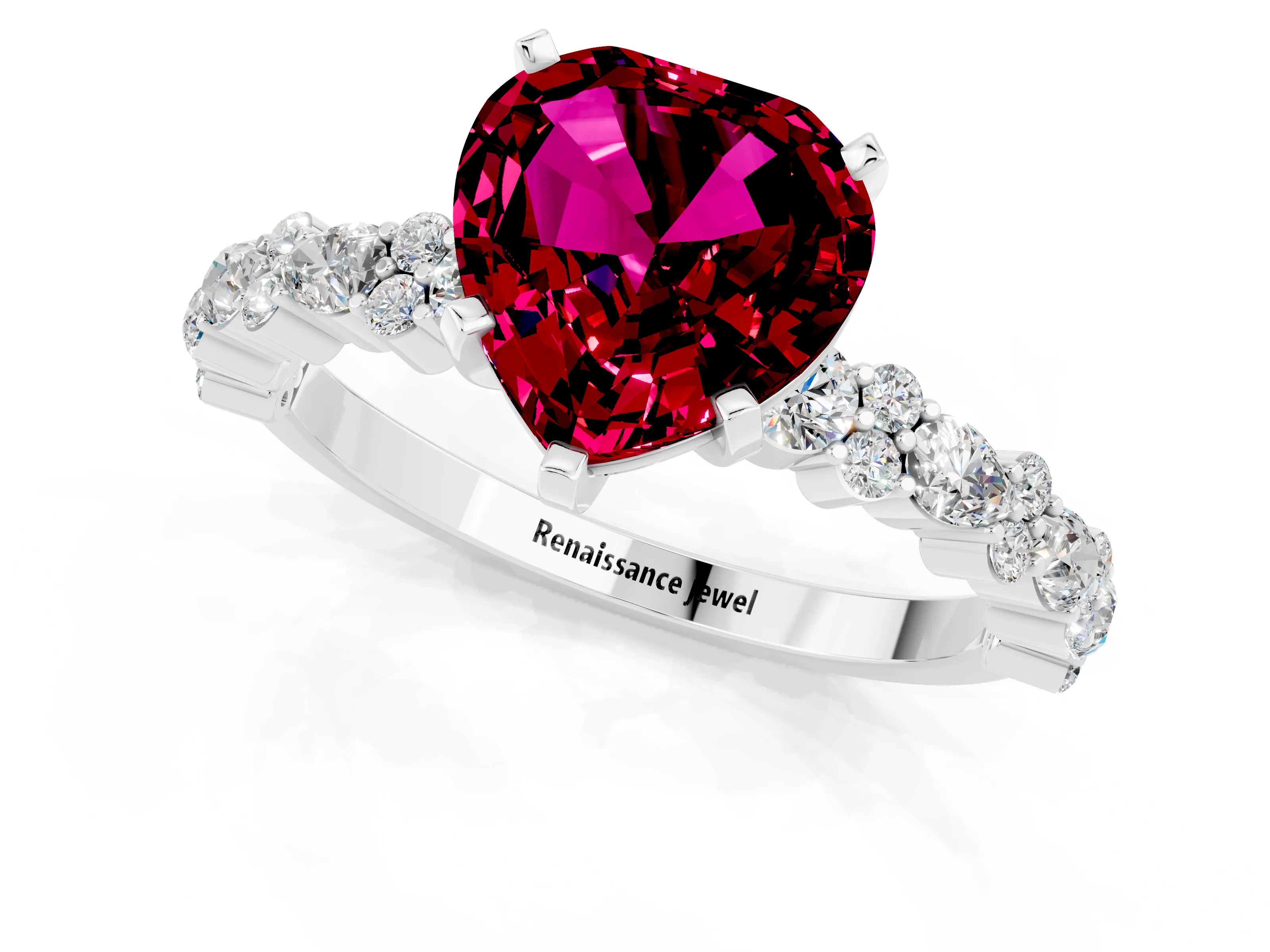 White gold Heart Cut Garnet Side Stone Solitaire Ring with Round  and Four-Prong Setting_49