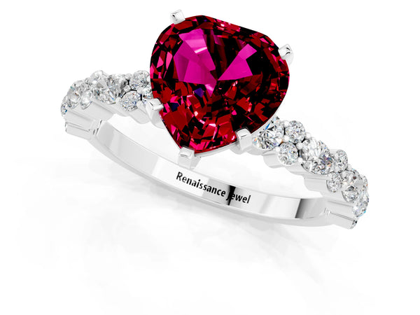White gold Heart Cut Garnet Side Stone Solitaire Ring with Round  and Four-Prong Setting
