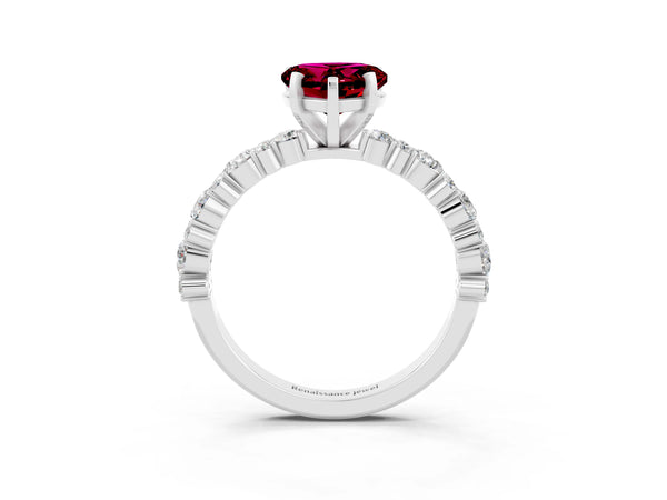 White gold Heart Cut Garnet Side Stone Solitaire Ring with Round  and Four-Prong Setting