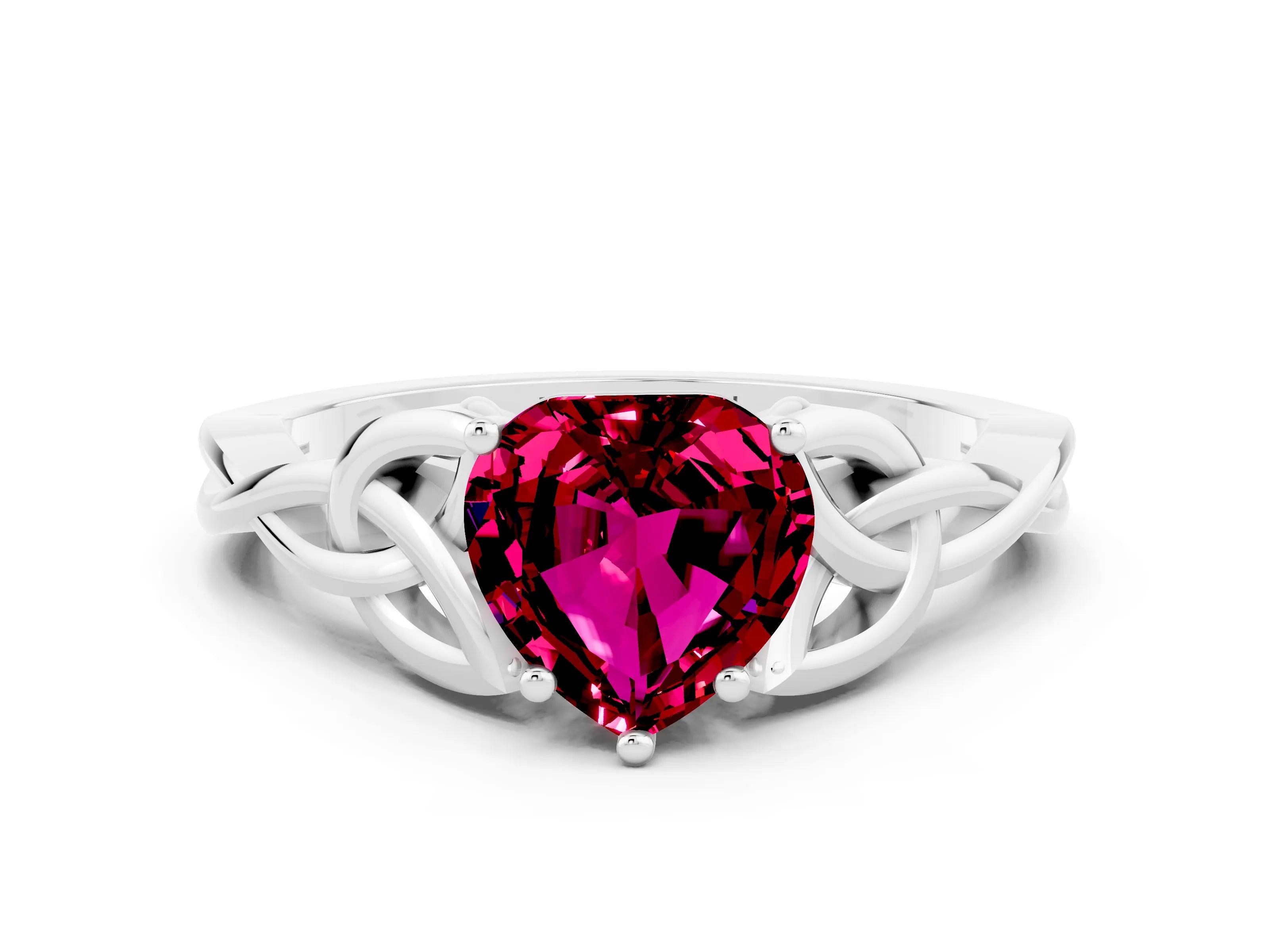 White gold Heart Cut Garnet Solitaire Celtic Knot Ring with Four-Prong Setting_12