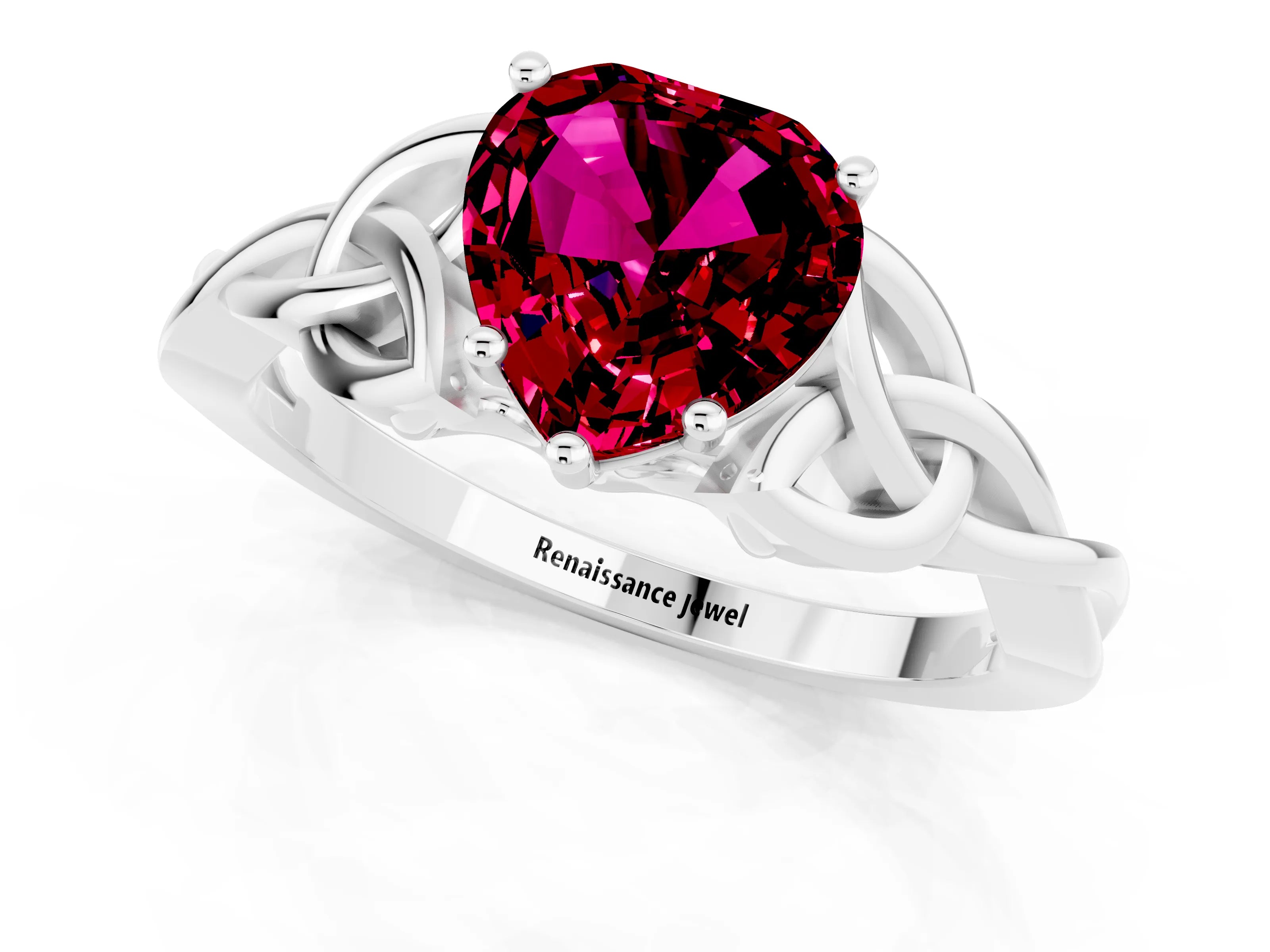 White gold Heart Cut Garnet Solitaire Celtic Knot Ring with Four-Prong Setting_13
