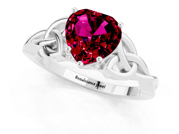 Platinum Heart Cut Garnet Solitaire Engagement Ring with Celtic Knot Band and Four-Prong Setting