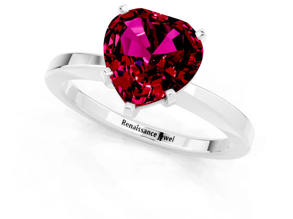 White gold Heart Cut Garnet Solitaire Engagement Ring with Classic Band and Four-Prong Setting