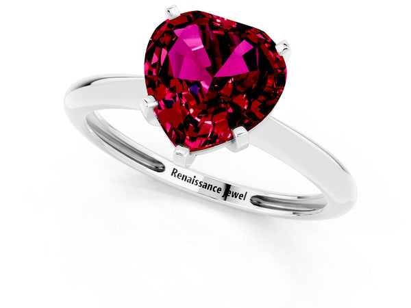 White gold Heart Cut Garnet Solitaire Engagement Ring with Classic Band and Four-Prong Setting