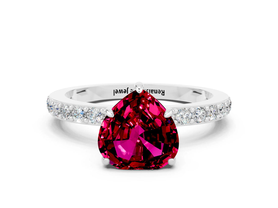White gold Heart Cut Garnet Solitaire Engagement Ring with Pavé Band and Four-Prong Setting