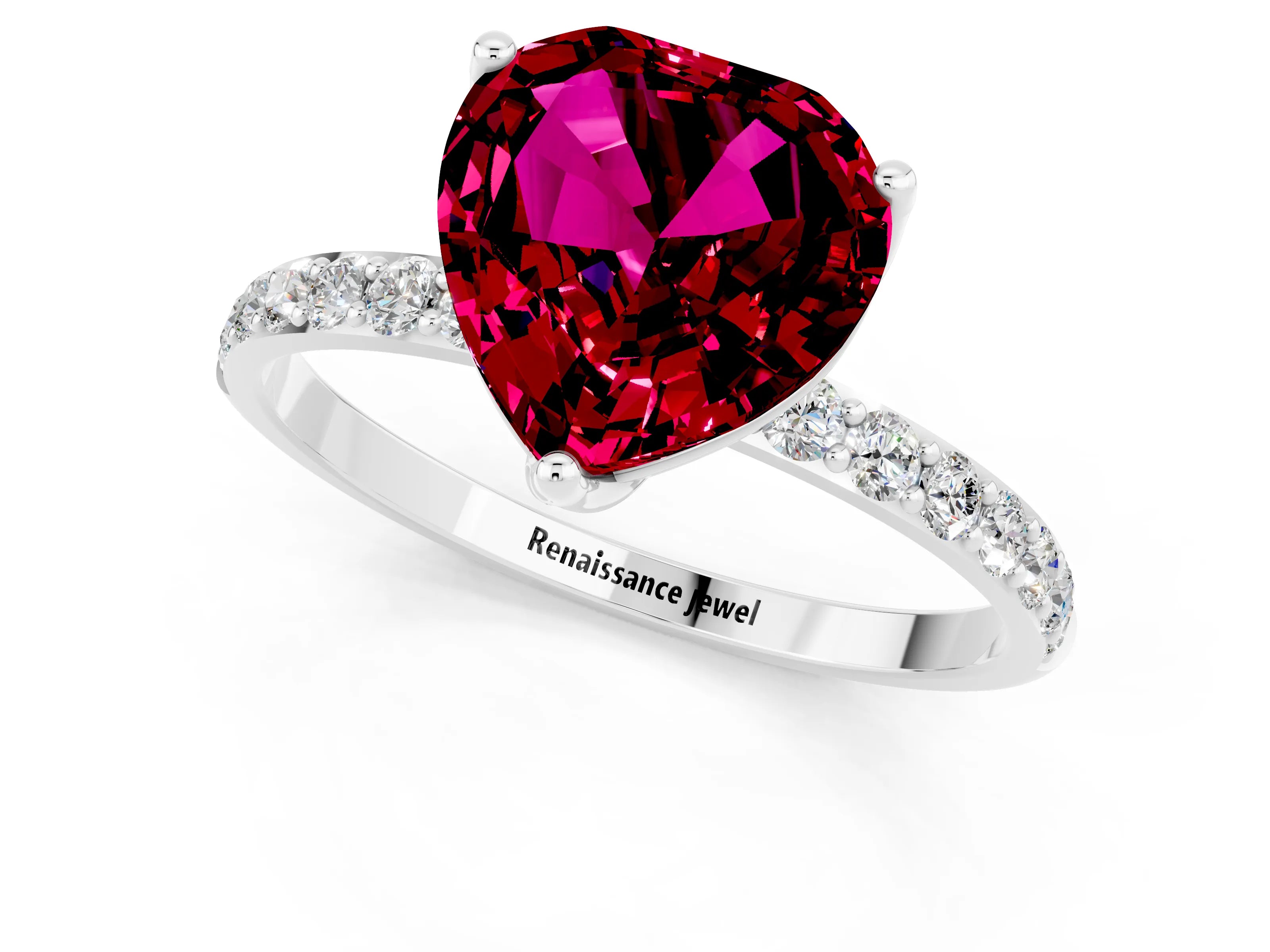 White gold Heart Cut Garnet Solitaire Engagement Ring with Pavé Band and Prong Setting_1