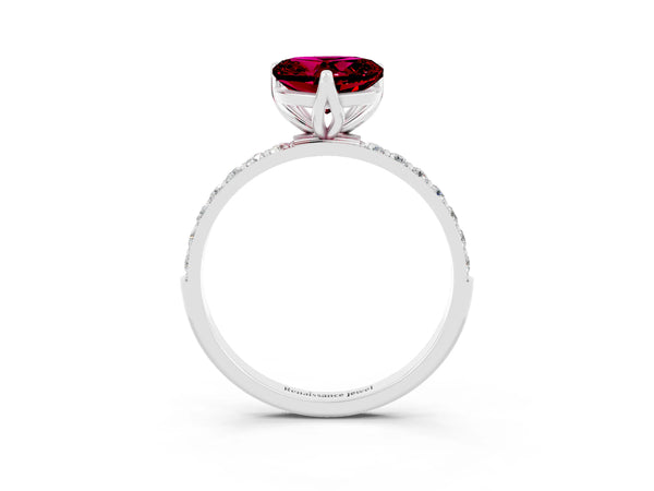 Silver Heart Cut Garnet Solitaire Engagement Ring with Round  Pavé Band and Prong Setting