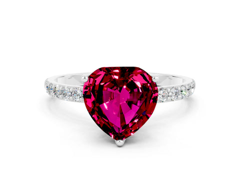 White gold Heart Cut Garnet Solitaire Engagement Ring with Pavé Band and Prong Setting
