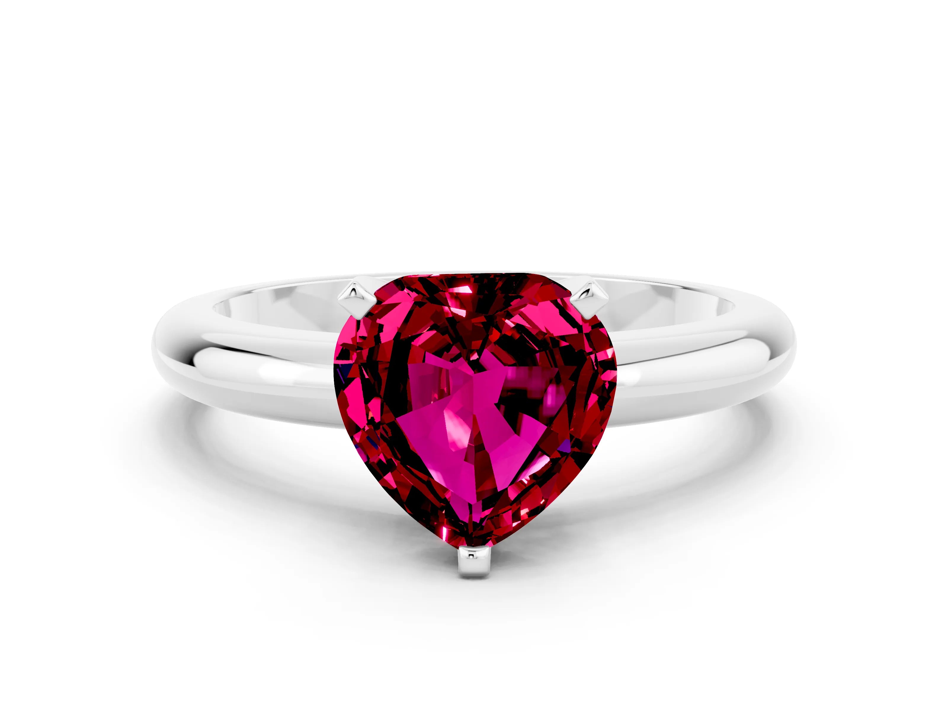 White gold Heart Cut Garnet Solitaire Engagement Ring with Round Band and Four-Prong Setting