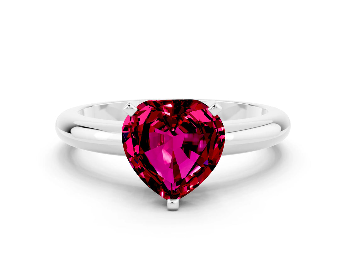 White gold Heart Cut Garnet Solitaire Engagement Ring with Round Band and Four-Prong Setting