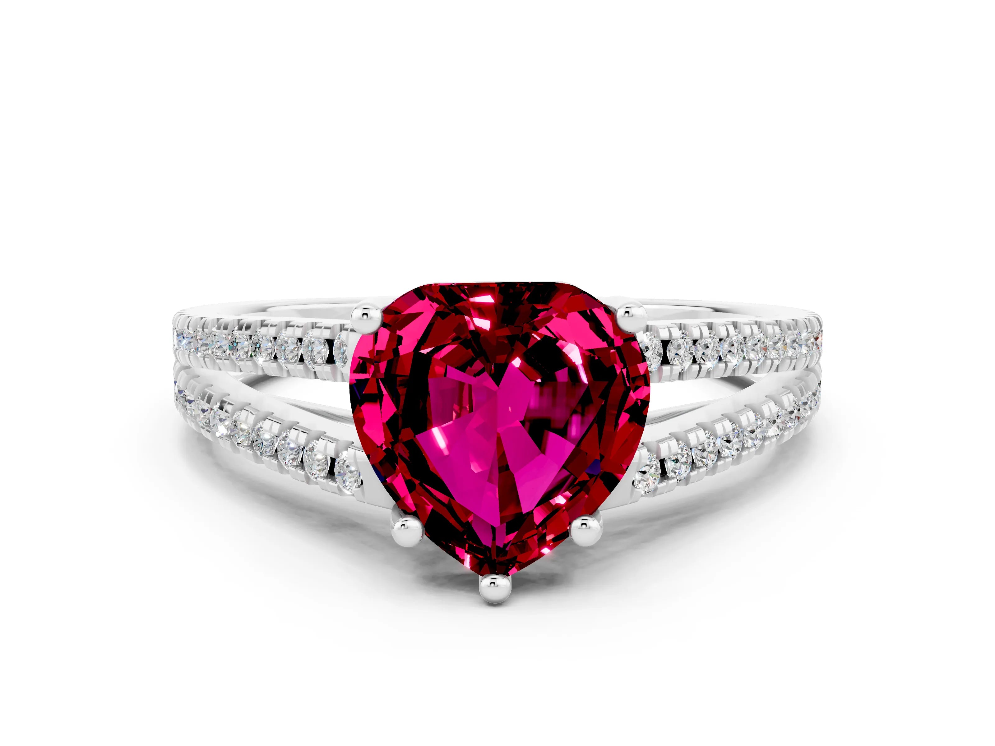 White gold Heart Cut Garnet Solitaire Engagement Ring with Split Shank Pavé Band