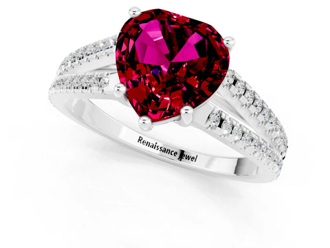 White gold Heart Cut Garnet Solitaire Engagement Ring with Split Shank Pavé Band_1