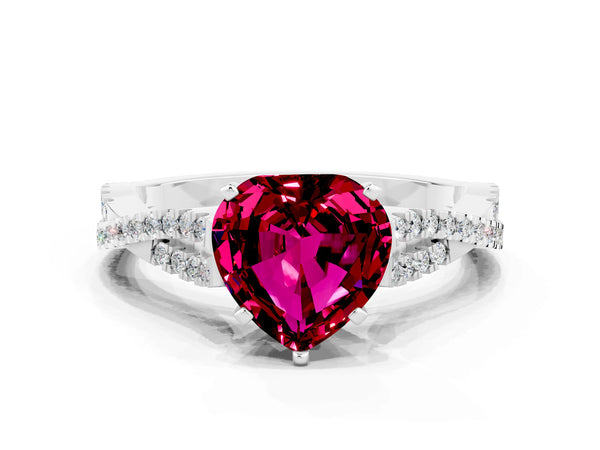White gold Heart Cut Garnet Solitaire Engagement Ring with Twisted Pavé Band and Four-Prong Setting