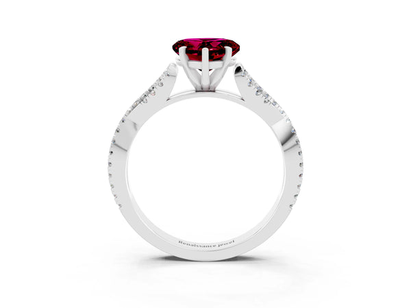 Platinum Heart Cut Garnet Solitaire Engagement Ring with Twisted Pavé Band and Four-Prong Setting