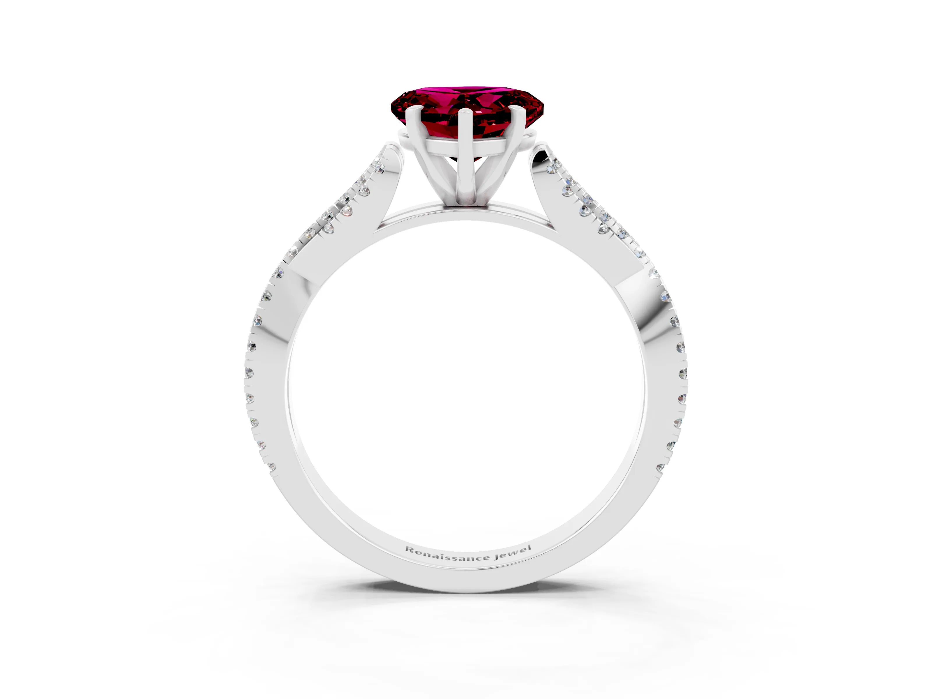 White gold Heart Cut Garnet Solitaire Engagement Ring with Twisted Pavé Band and Four-Prong Setting_15