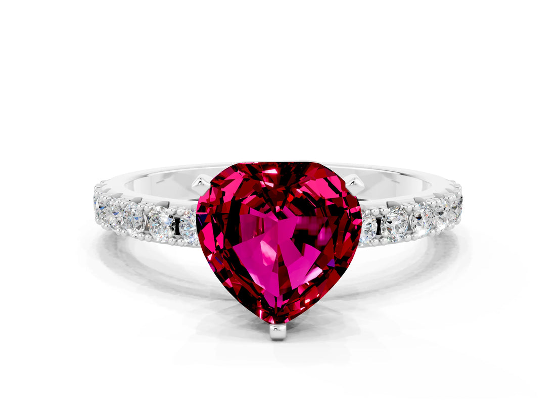 White gold Heart Cut Garnet Solitaire Pavé Band with Four-Prong Setting