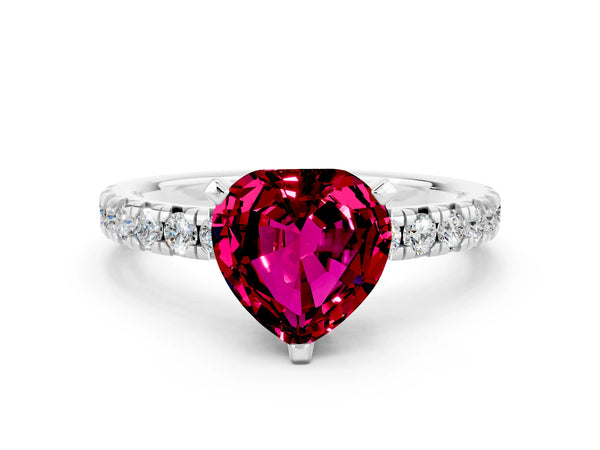 Silver Heart Cut Garnet Solitaire Pavé Engagement Ring with Round Band and Prong Setting