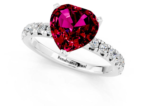 Platinum Heart Cut Garnet Solitaire Pavé Engagement Ring with Round Band and Prong Setting