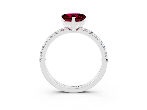 Silver Heart Cut Garnet Solitaire Pavé Engagement Ring with Round Band and Prong Setting