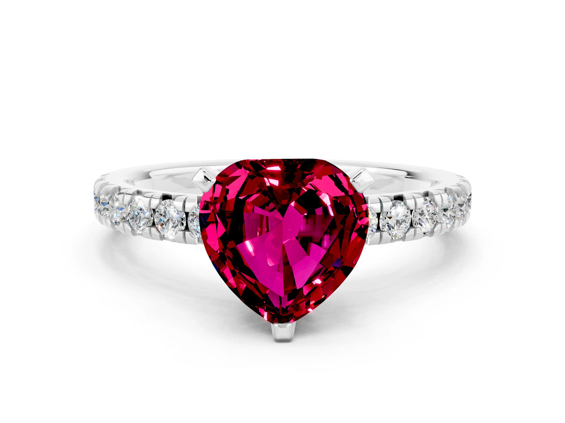 White gold Heart Cut Garnet Solitaire Pavé Engagement Ring with Round Band and Prong Setting_79