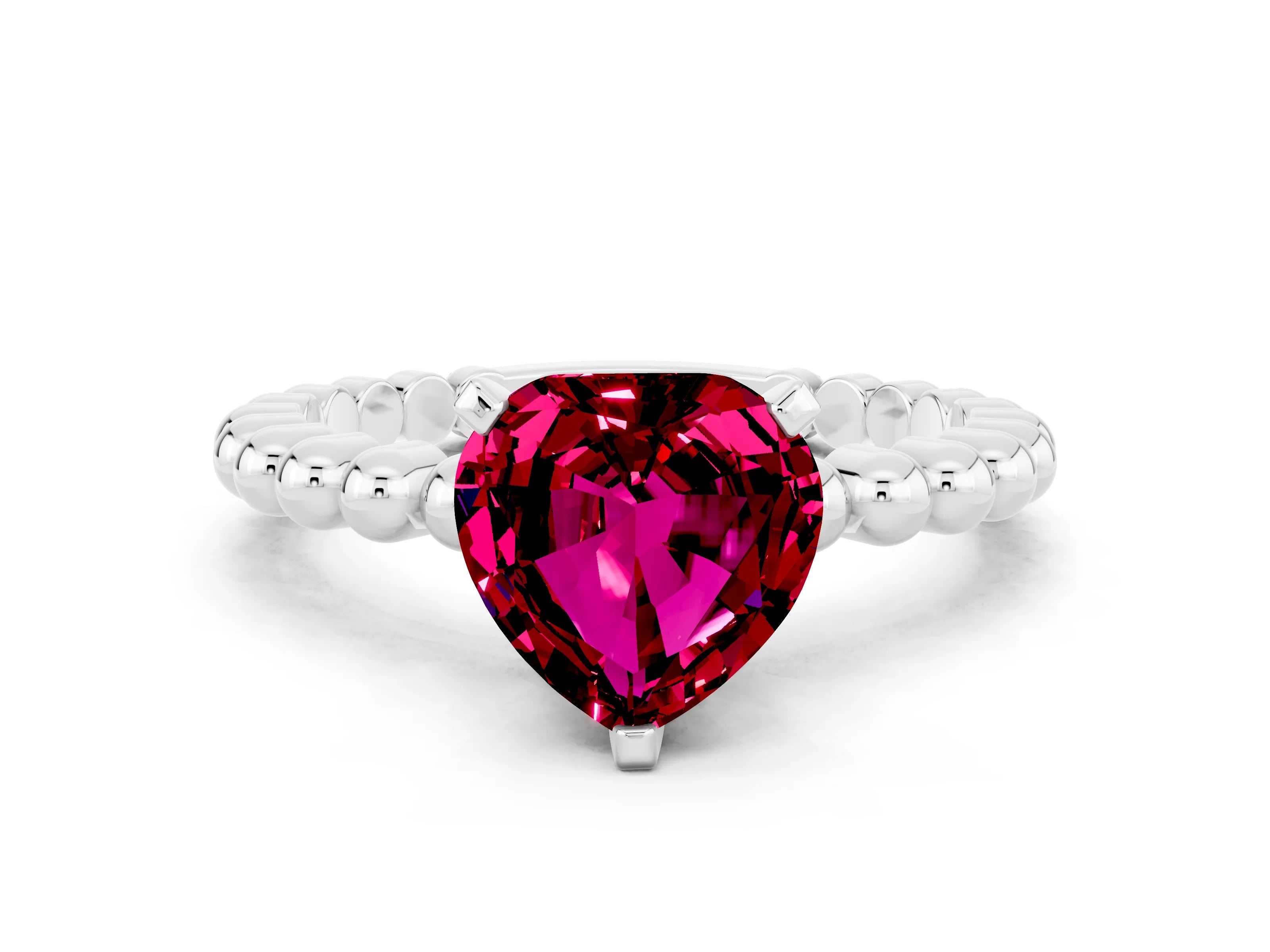 White gold Heart Cut Garnet Solitaire Ring with Beaded Band and Prong Setting