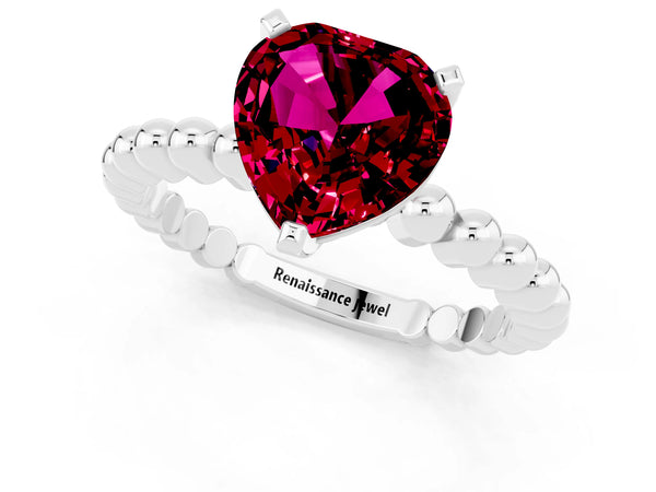 Silver Heart Cut Garnet Solitaire Ring with Beaded Band and Prong Setting