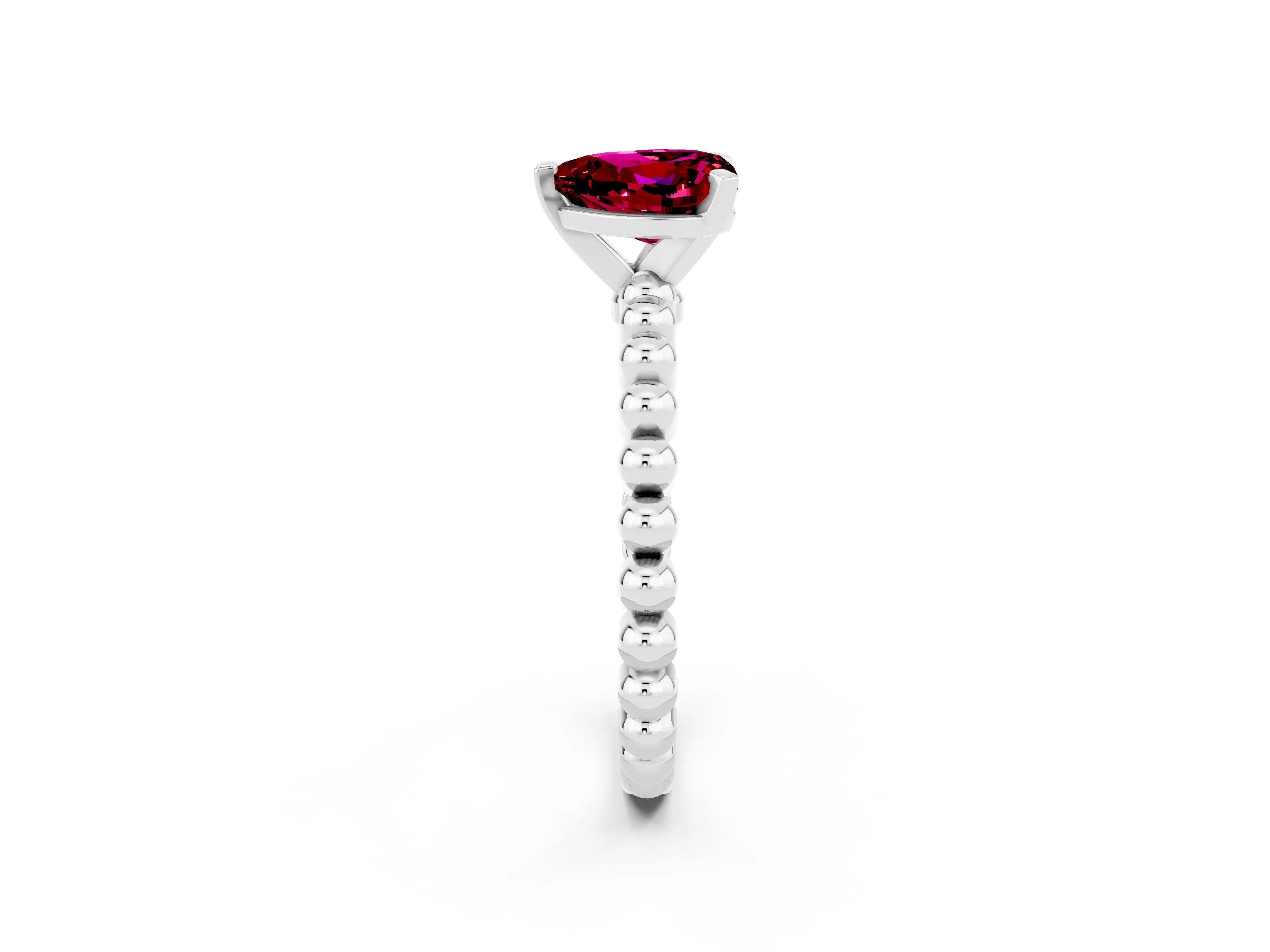 White gold Heart Cut Garnet Solitaire Ring with Beaded Band and Prong Setting_2