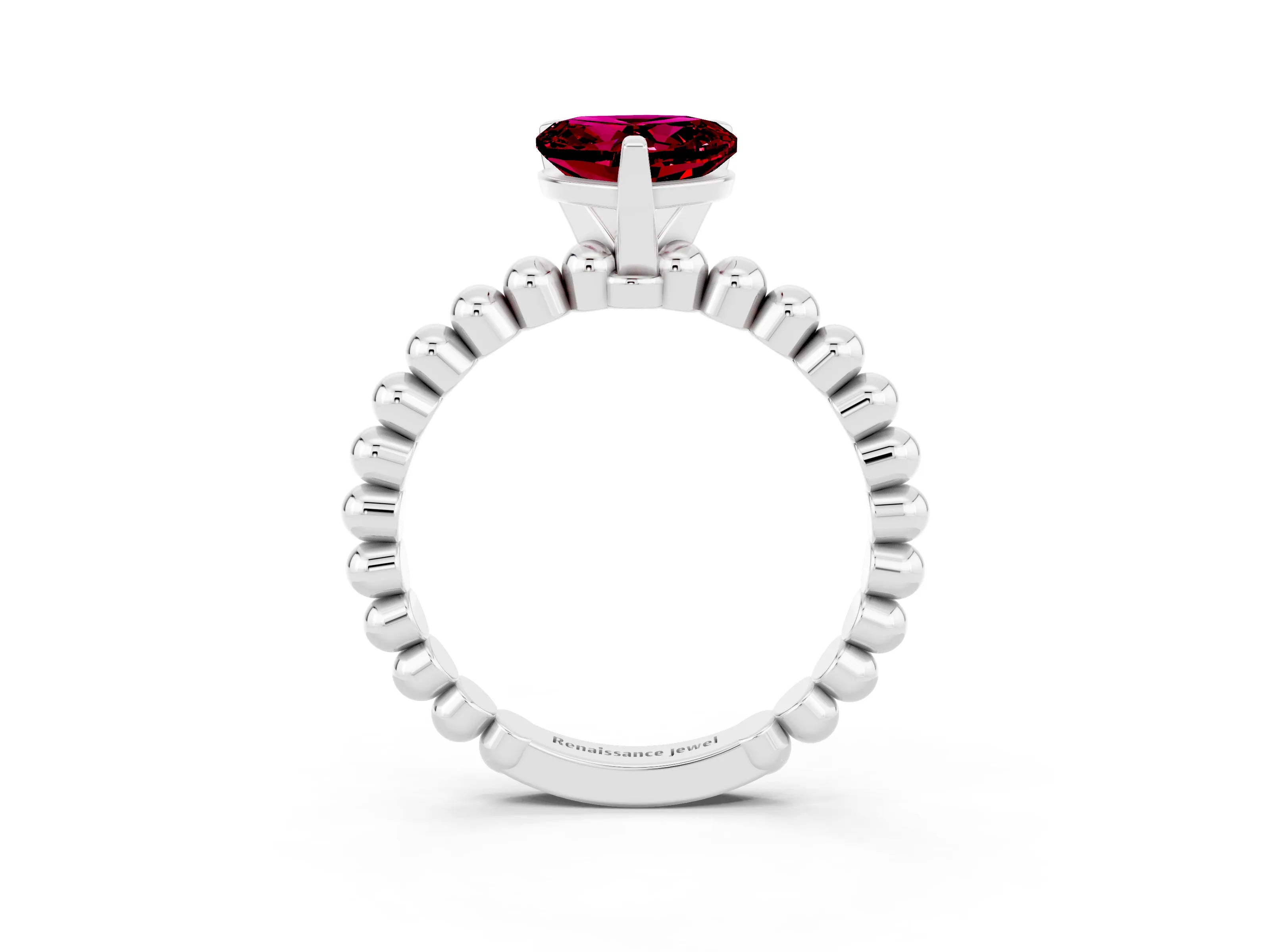 White gold Heart Cut Garnet Solitaire Ring with Beaded Band and Prong Setting_3