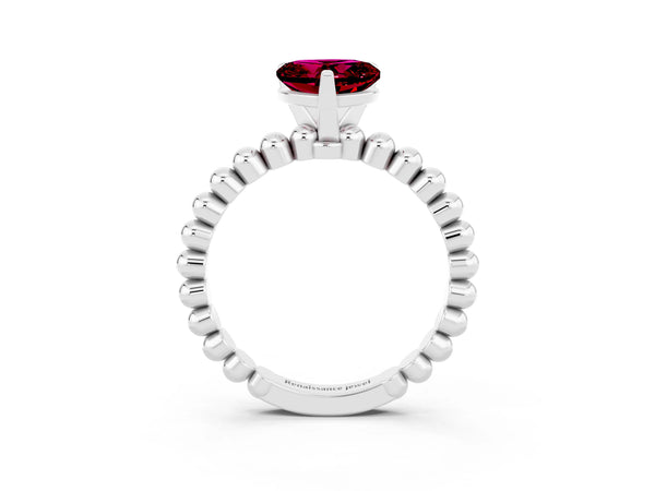 Platinum Heart Cut Garnet Solitaire Ring with Beaded Band and Prong Setting