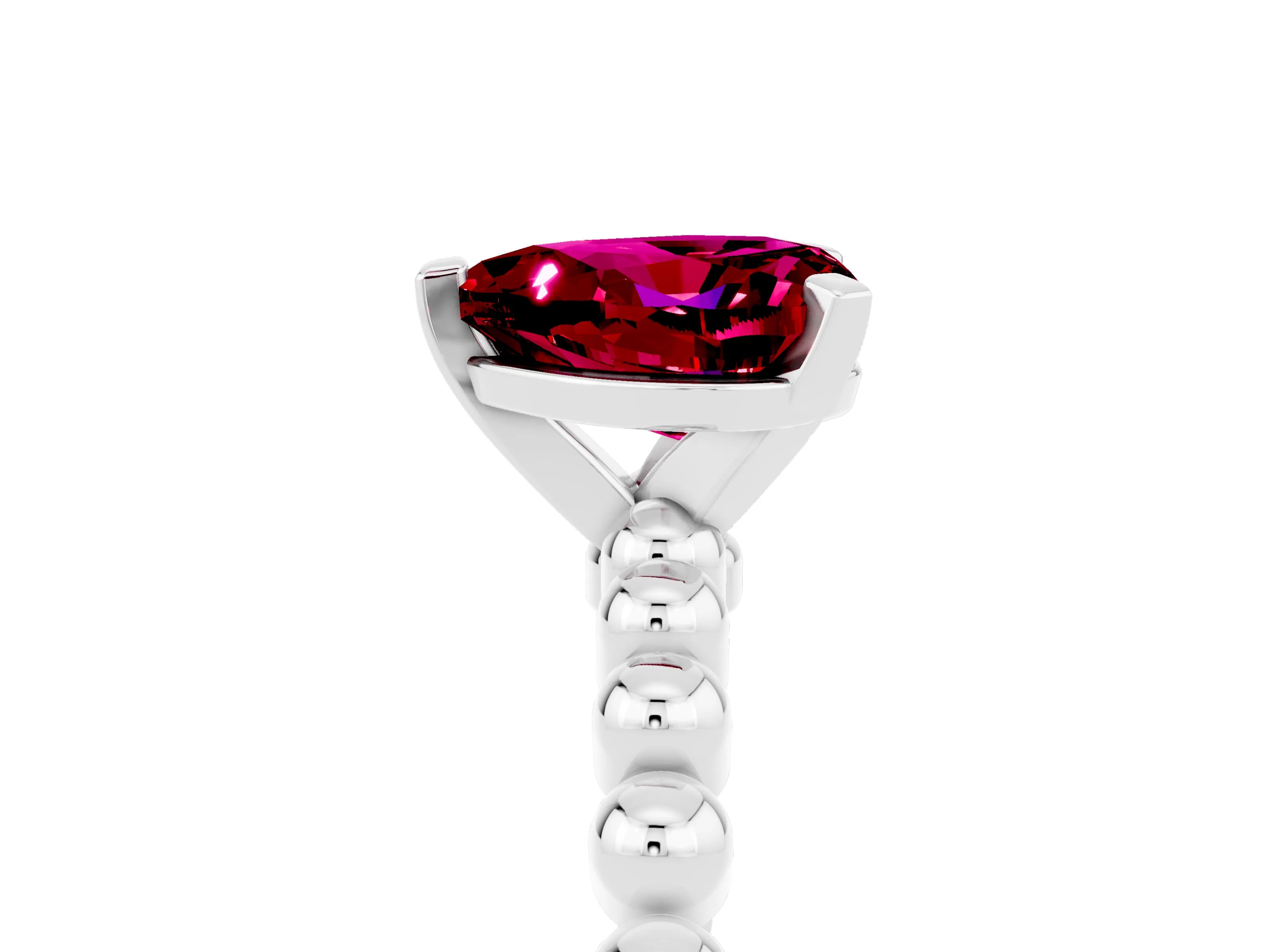White gold Heart Cut Garnet Solitaire Ring with Beaded Band and Prong Setting_5