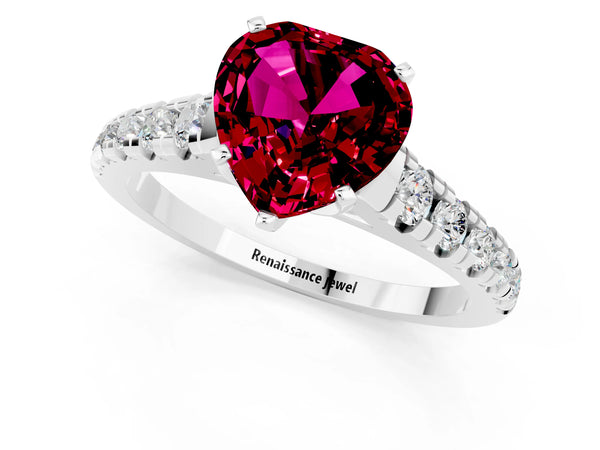 Silver Heart Cut Garnet Cathedral Solitaire Ring with Round  Pavé Band