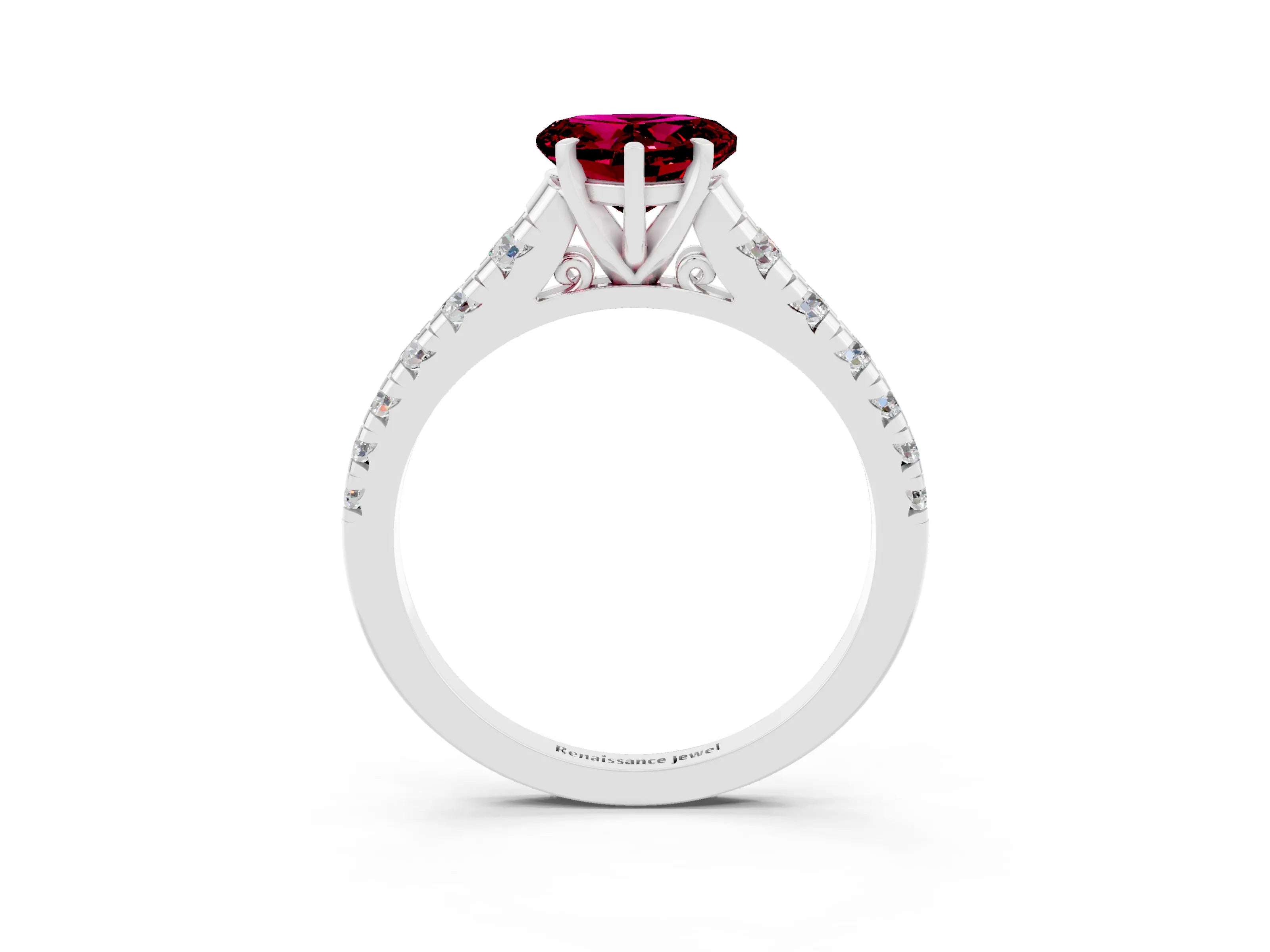 White gold Heart Cut Garnet Solitaire Ring with Cathedral Setting and Pavé Band_3