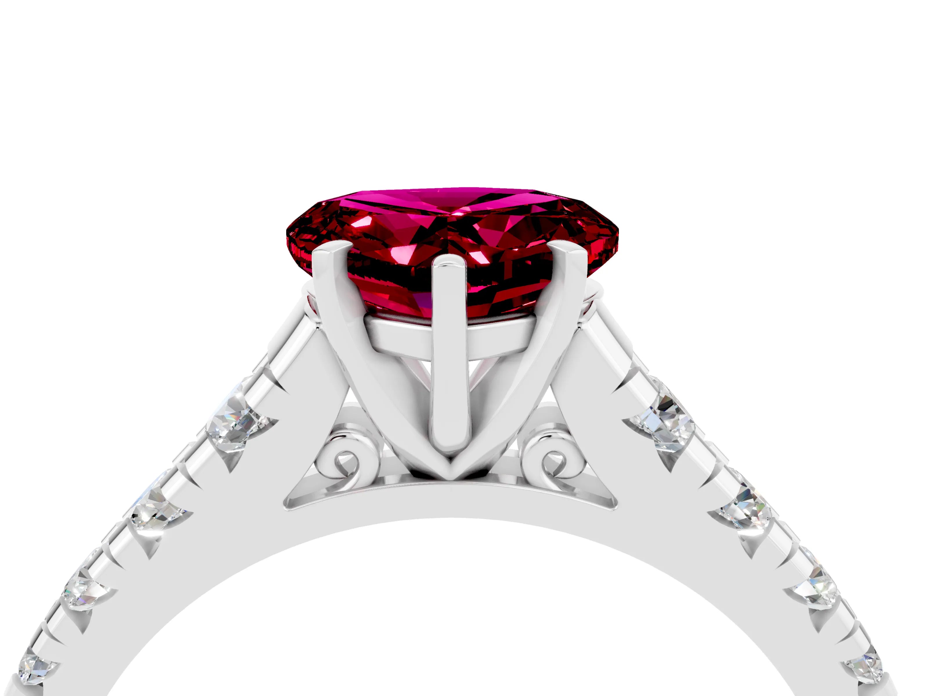 White gold Heart Cut Garnet Solitaire Ring with Cathedral Setting and Pavé Band_4