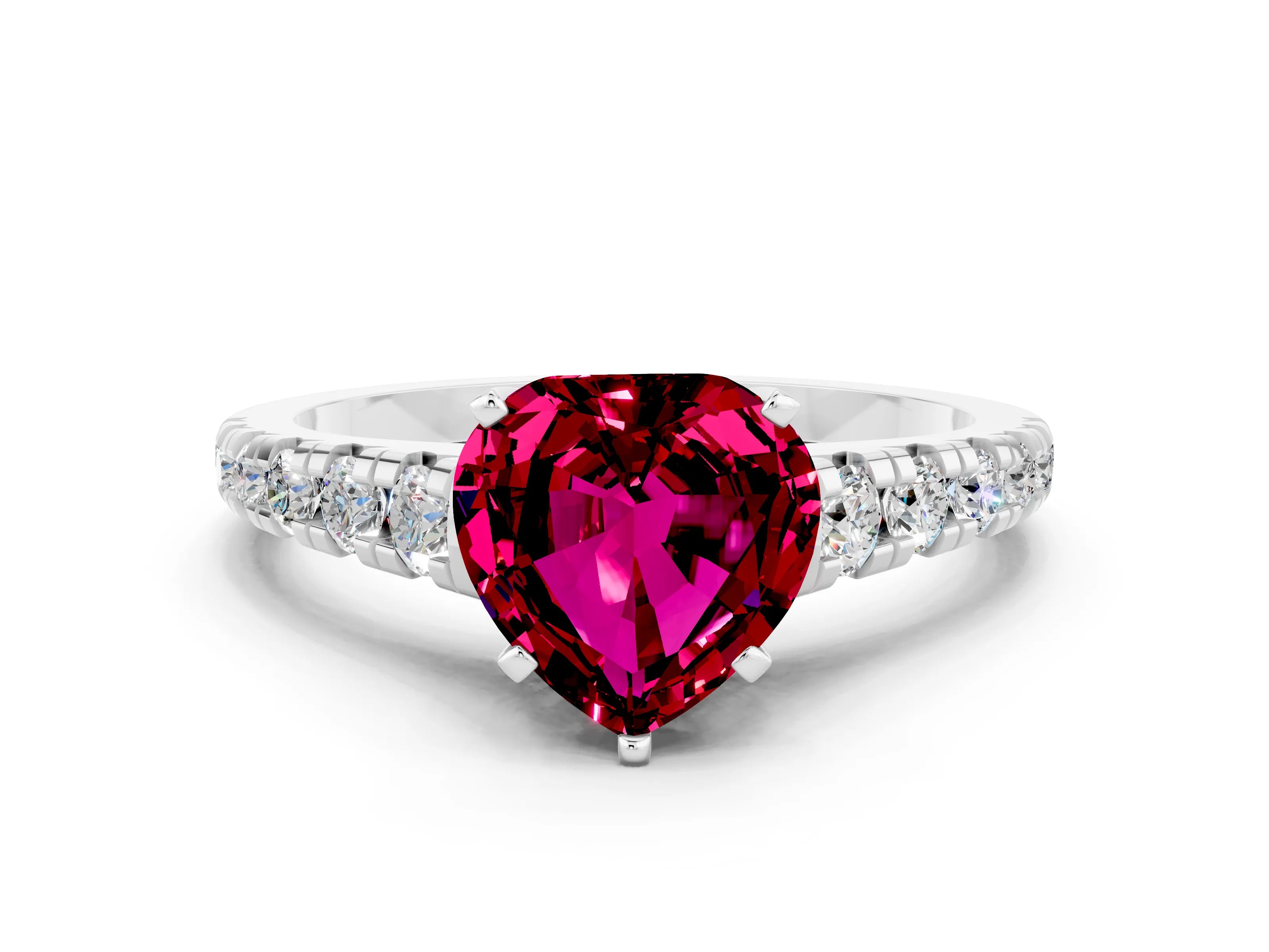 White gold Heart Cut Garnet Solitaire Ring with Cathedral Setting and Pavé Band
