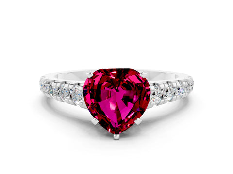 White gold Heart Cut Garnet Solitaire Ring with Cathedral Setting and Pavé Band
